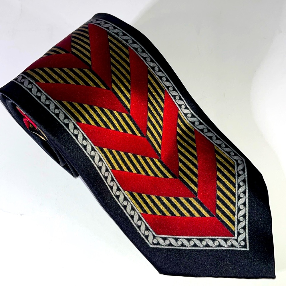 SALIARI Mens Silk Black, Gold & Red Geometric Pattern 58" x 4" Tie